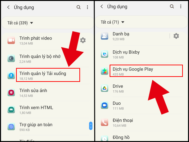 Lặp lại Bước 3 cho Trình quản lý tải xuống và Dịch vụ của Google Play.